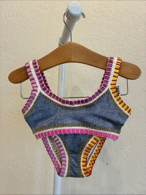 Girls' Denim-Style Blue Swim Bikini with Pink & Yellow Trim